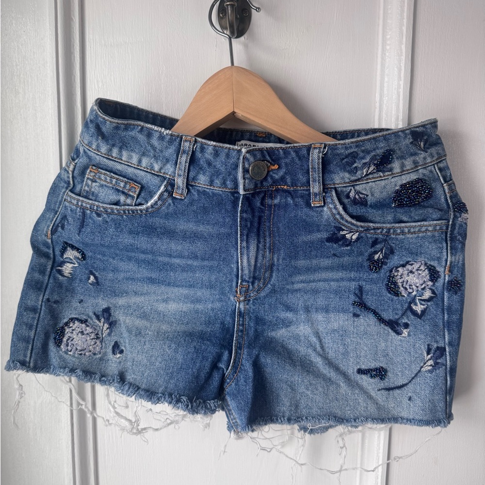 Zara Blue Distressed Jean Shorts with Floral Embroidery